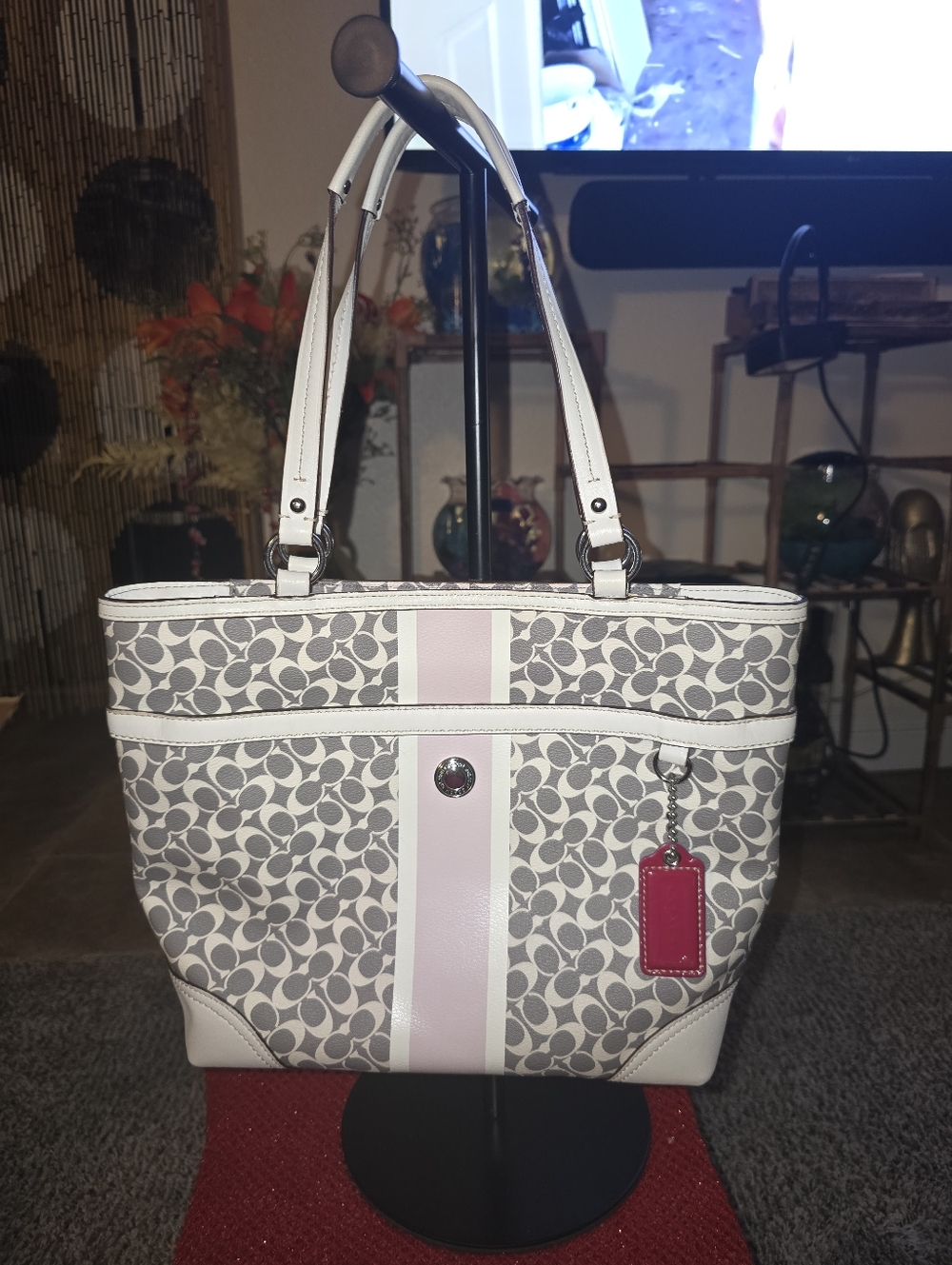Coach Signature Tote in Gray, White & Pink - Picture 1 of 16